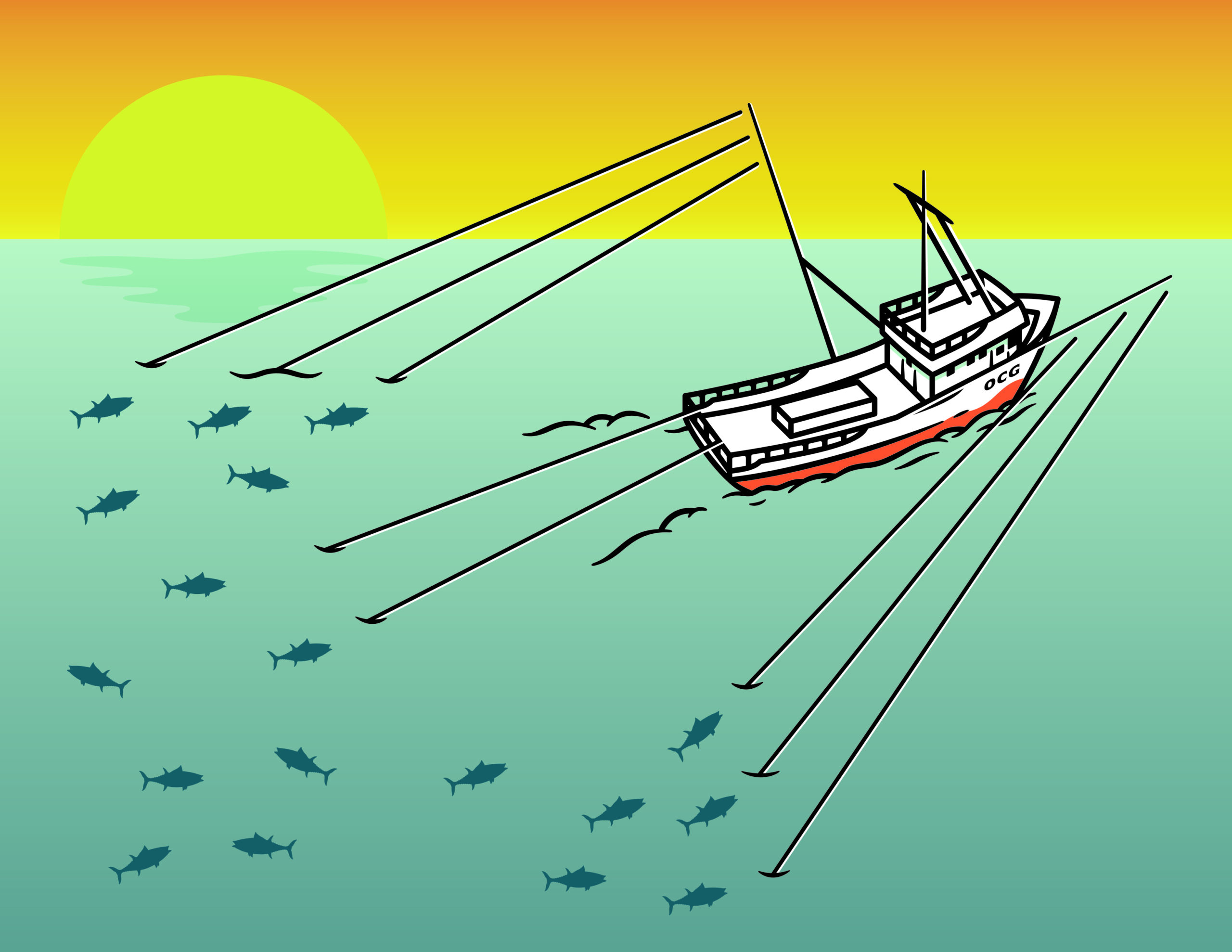 Trolling_Diagram02 Illustration of a tuna troller demonstrating sustainable fishing methods